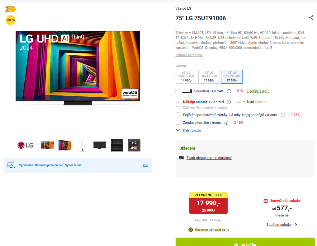 4K Smart TV, 191cm, EdgeLED, LG